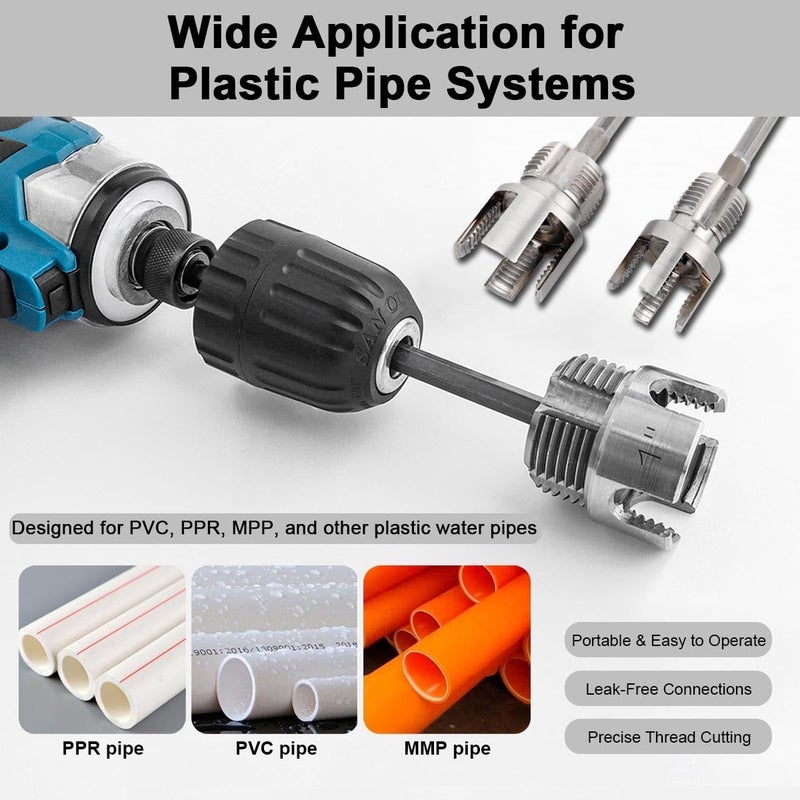 Eyech 3Pcs PVC Pipe Threader Kit 1/2" 3/4" 1" NPT, Integrated Internal & External Pipe Threading Cutting Tool, Dual-Function Electric Drill Compatible PVC Pipe Threader Kit - Image 5